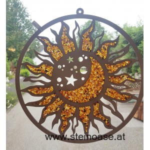Fensterbild Suncatcher Bernstein - SONNE, MOND & STERNE Ø 20cm